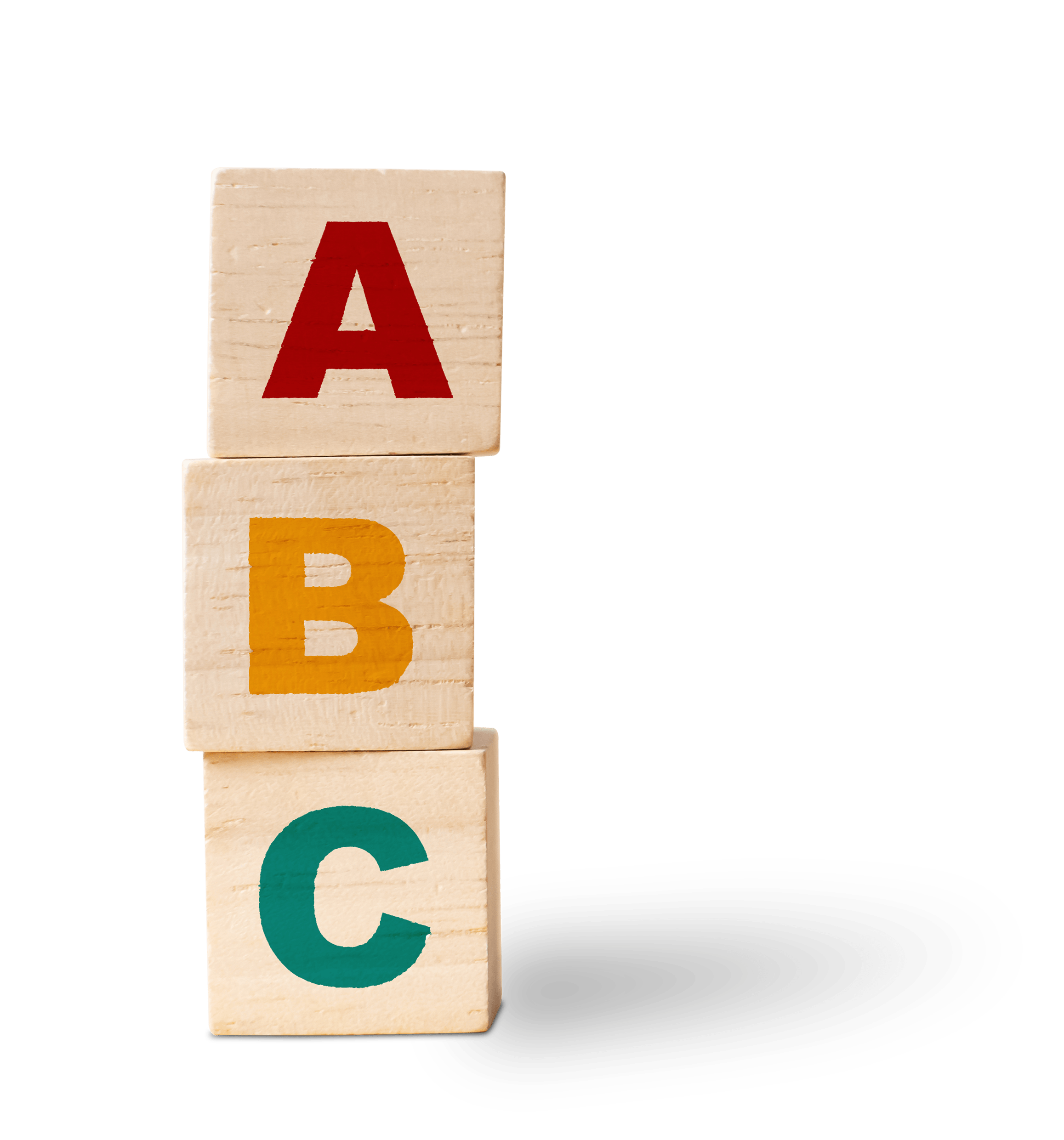 سه مکعب چوبی که روی آن‌ها حروف abc قرار گرفته و مکعب‌ها نیز روی هم قرار داده شدند.