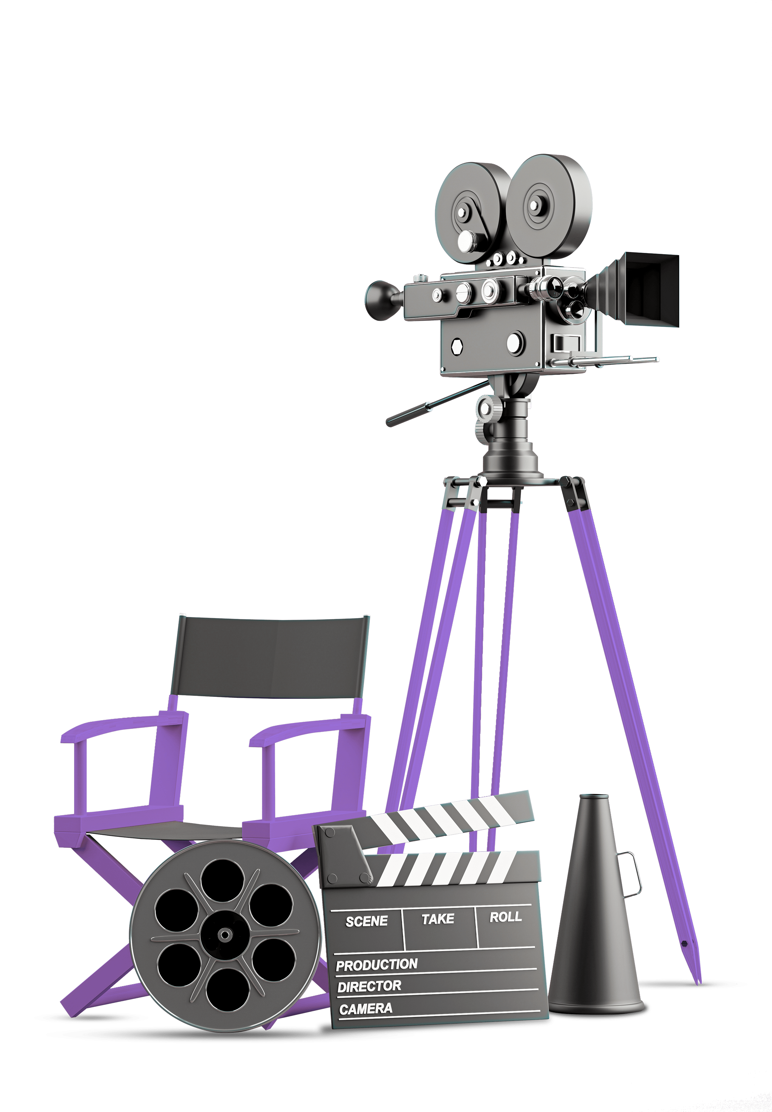 تصویری از دوربین که پایه‌های بنفش دارد و در کنار آن صندلی کارگردان به همراه یک کلاکت و نوار فیلم قرار گرفته است.